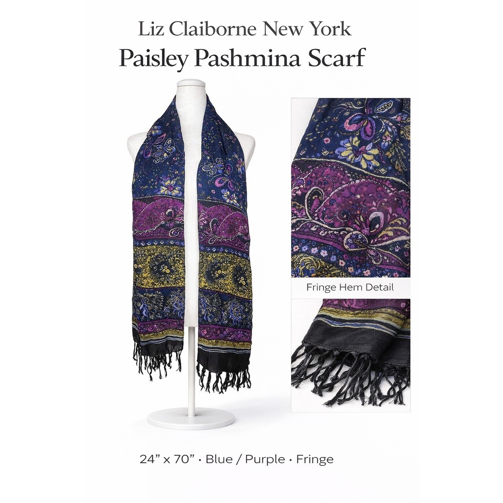 Liz Claiborne New‎ York Paisley Pashmina Scarf Blue Purple Fringe 24x70 A221224